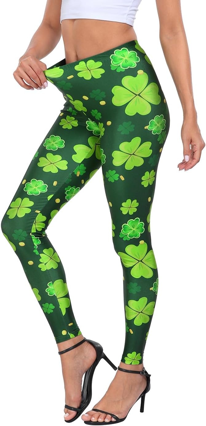 image:imageHDE Trendy Design Workout Leggings Fun Fashion Graphic Printed Cute PatternsP Green 4 Leaf Clovers