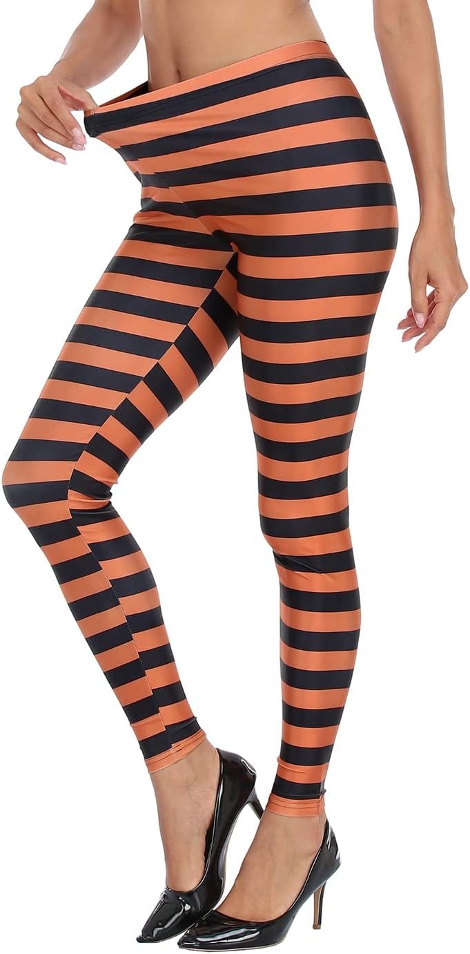 image:imageHDE Womens Funny Printed Leggings Digital Print Footless Stretchy TightsBlack Orange