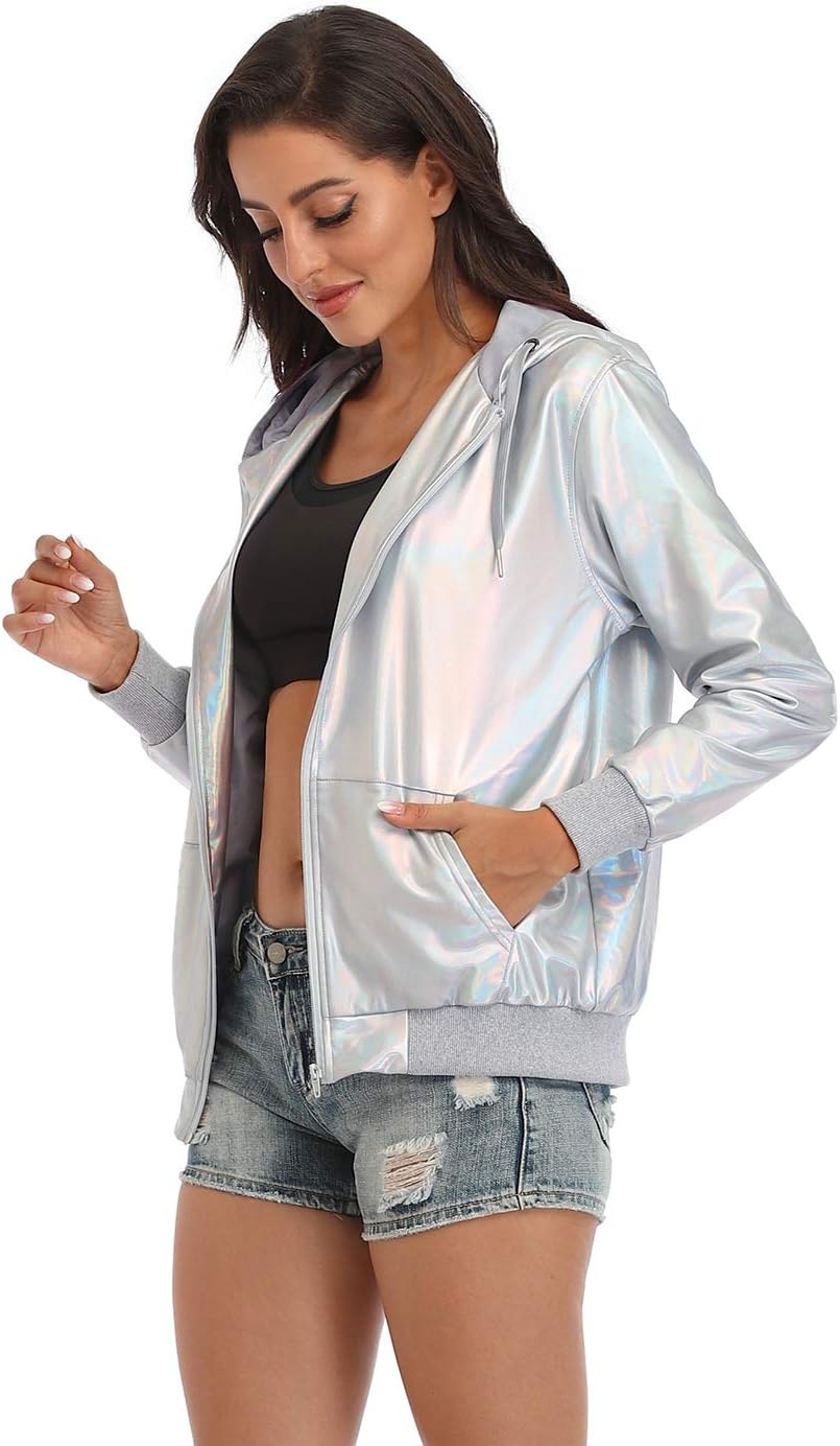 image:imageHDE Womens Metallic Holographic Jacket Retro Mens Hip Hop Futuristic Rave HoodieHolographic