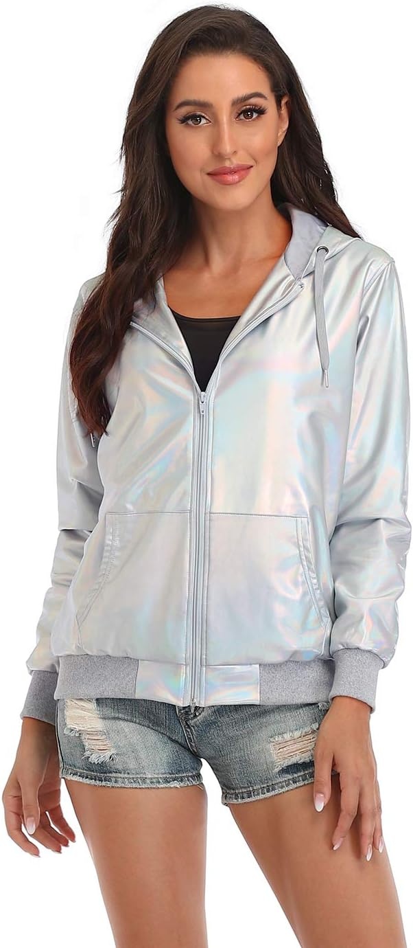 image:imageHDE Womens Metallic Holographic Jacket Retro Mens Hip Hop Futuristic Rave HoodieHolographic