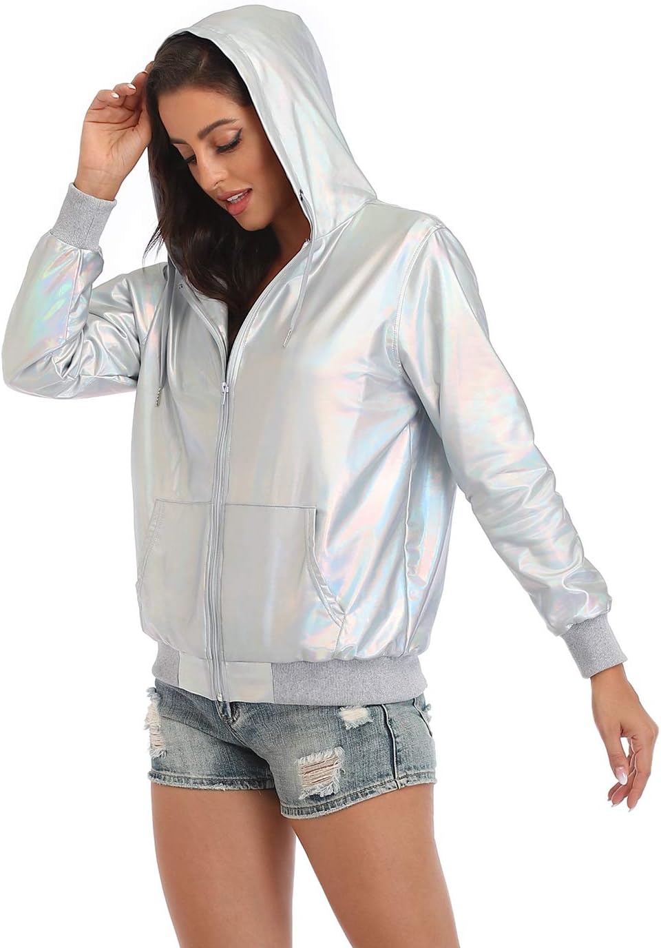 image:imageHDE Womens Metallic Holographic Jacket Retro Mens Hip Hop Futuristic Rave HoodieHolographic