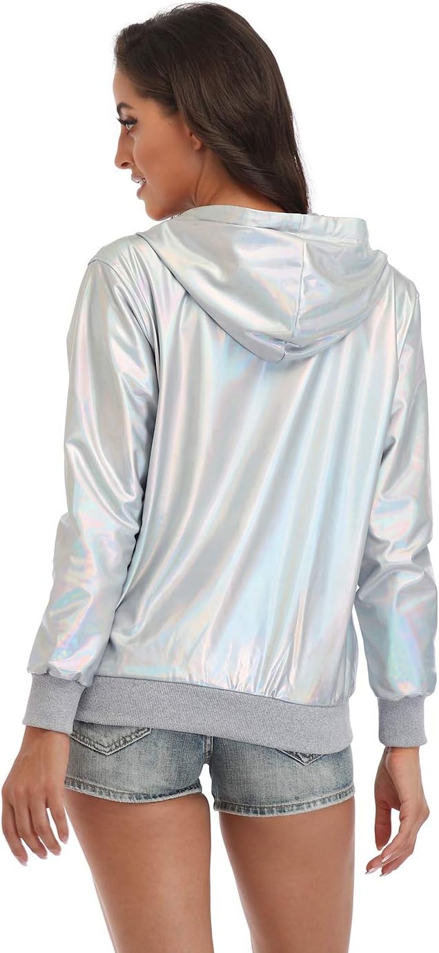 image:imageHDE Womens Metallic Holographic Jacket Retro Mens Hip Hop Futuristic Rave HoodieHolographic