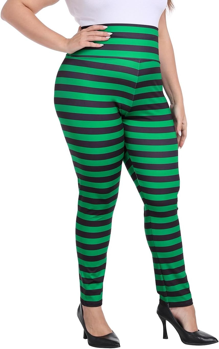 image:imageHDE Womens Plus Size Graphic Leggings High Waist Stretch Halloween Costume Full Ankle Length Soft Footless Opaque TightsBlack and Green Witch Stripes