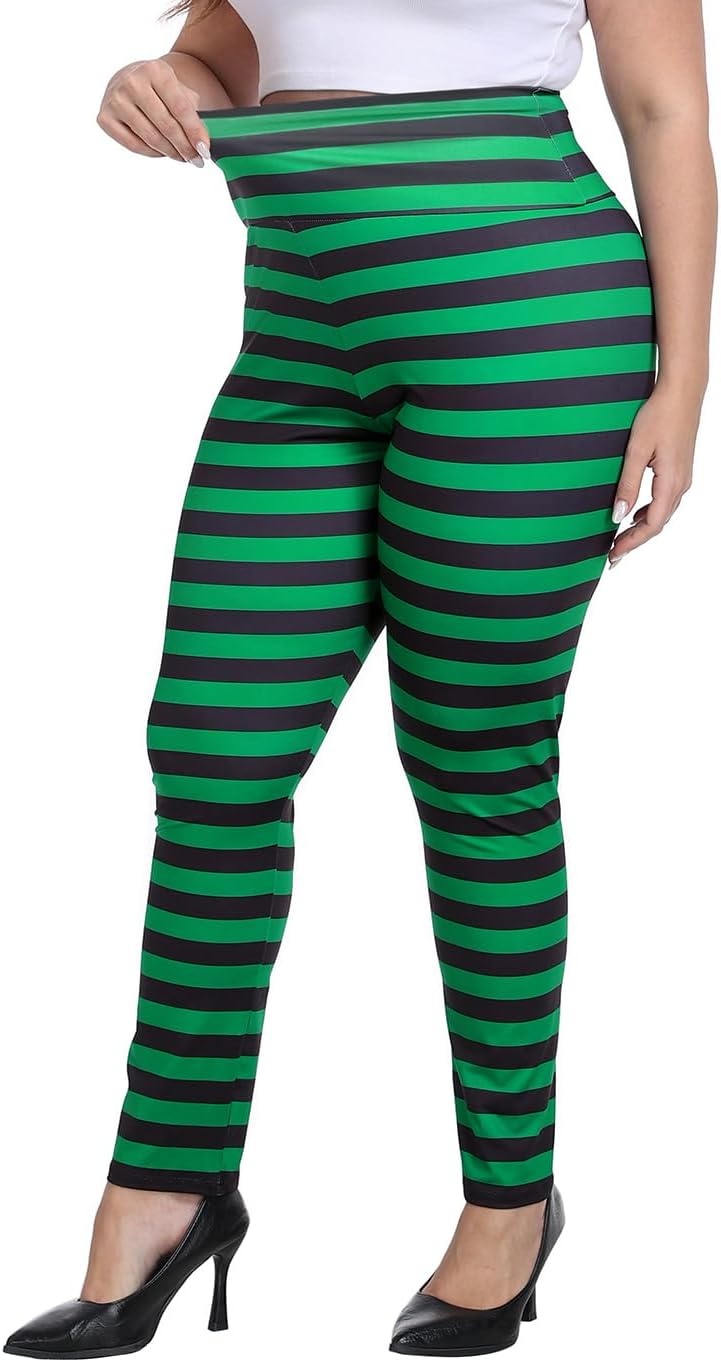 image:imageHDE Womens Plus Size Graphic Leggings High Waist Stretch Halloween Costume Full Ankle Length Soft Footless Opaque TightsBlack and Green Witch Stripes
