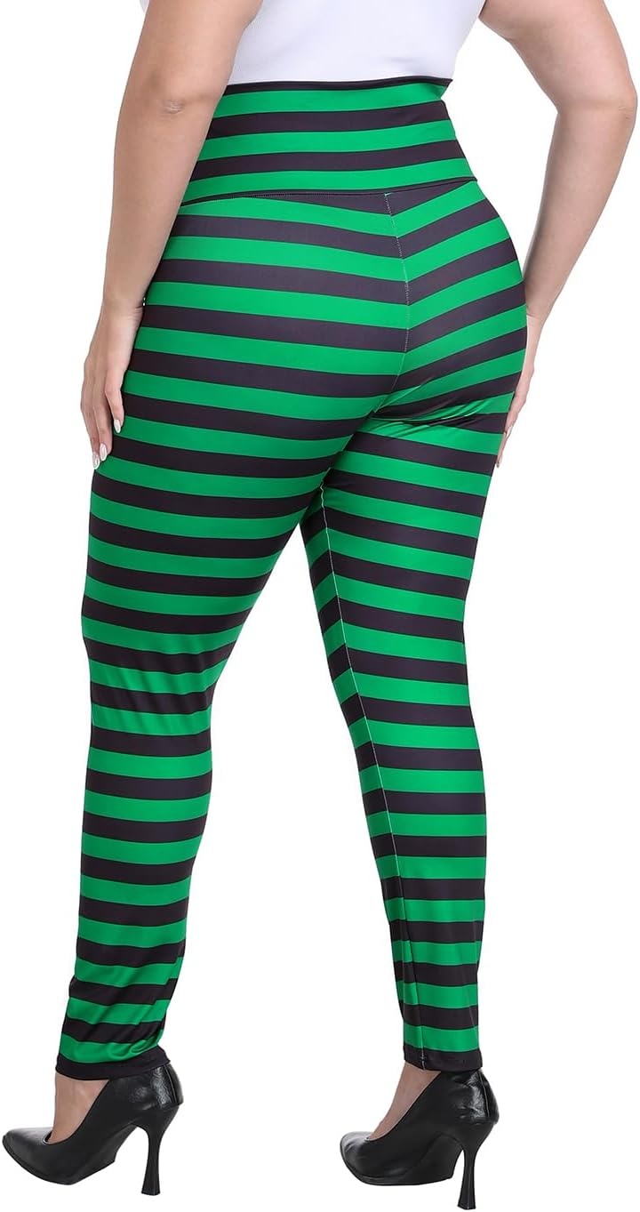 image:imageHDE Womens Plus Size Graphic Leggings High Waist Stretch Halloween Costume Full Ankle Length Soft Footless Opaque TightsBlack and Green Witch Stripes