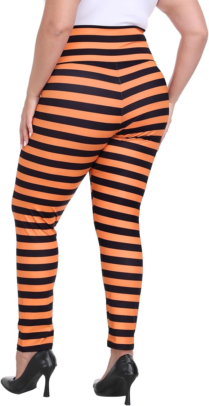 image:imageHDE Womens Plus Size Graphic Leggings High Waist Stretch Halloween Costume Full Ankle Length Soft Footless Opaque TightsBlack and Orange Stripes