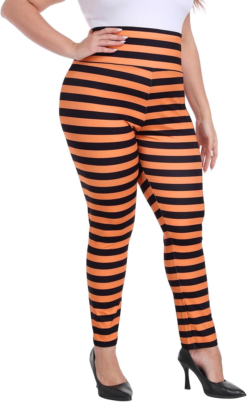 image:imageHDE Womens Plus Size Graphic Leggings High Waist Stretch Halloween Costume Full Ankle Length Soft Footless Opaque TightsBlack and Orange Stripes