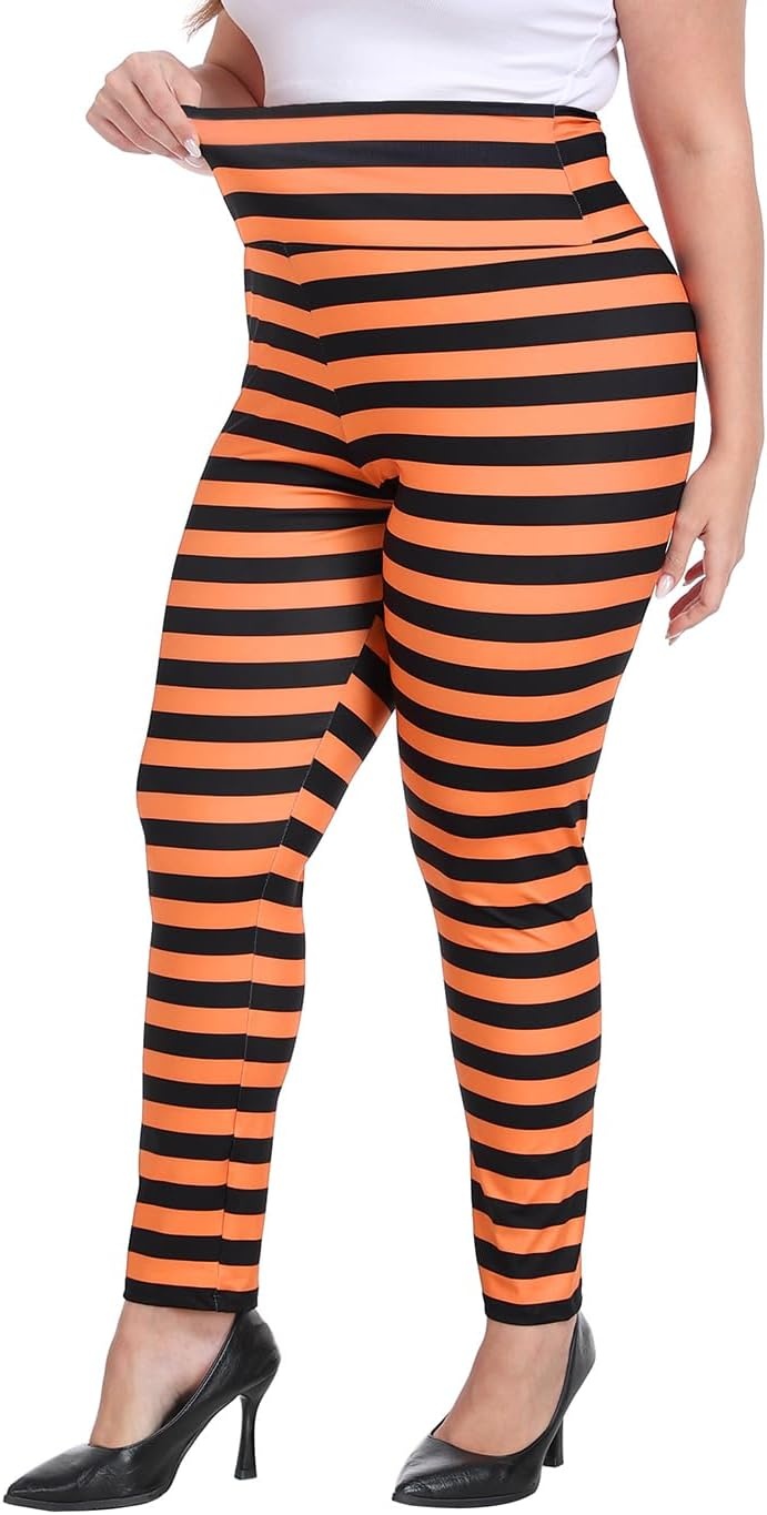 image:imageHDE Womens Plus Size Graphic Leggings High Waist Stretch Halloween Costume Full Ankle Length Soft Footless Opaque TightsBlack and Orange Stripes