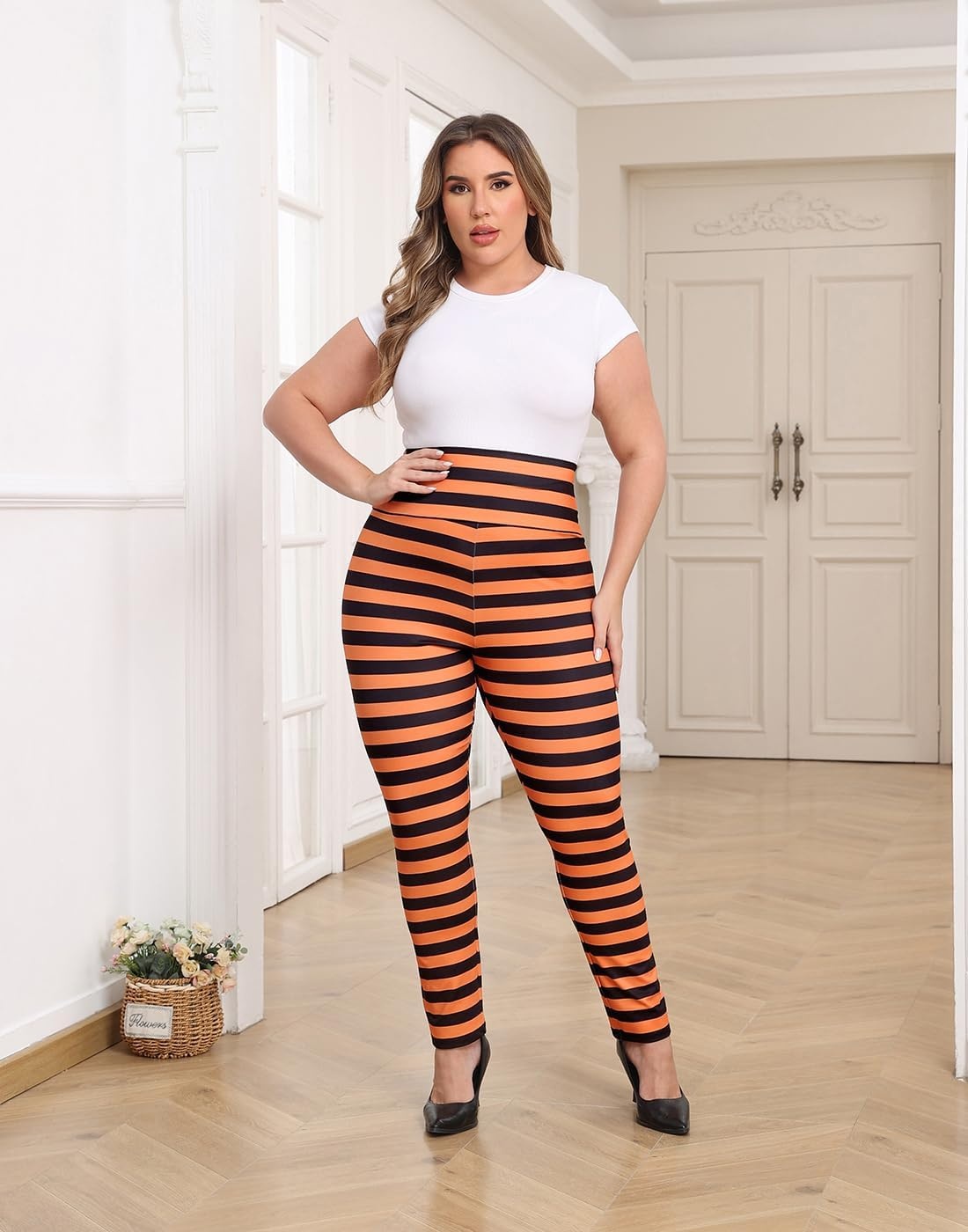 image:imageHDE Womens Plus Size Graphic Leggings High Waist Stretch Halloween Costume Full Ankle Length Soft Footless Opaque TightsBlack and Orange Stripes