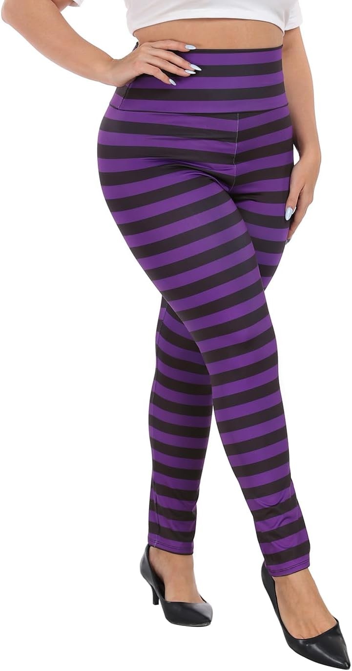 image:imageHDE Womens Plus Size Graphic Leggings High Waist Stretch Halloween Costume Full Ankle Length Soft Footless Opaque TightsBlack and Purple Stripes