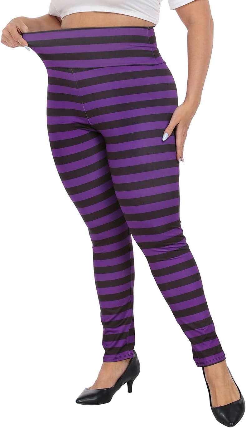 image:imageHDE Womens Plus Size Graphic Leggings High Waist Stretch Halloween Costume Full Ankle Length Soft Footless Opaque TightsBlack and Purple Stripes