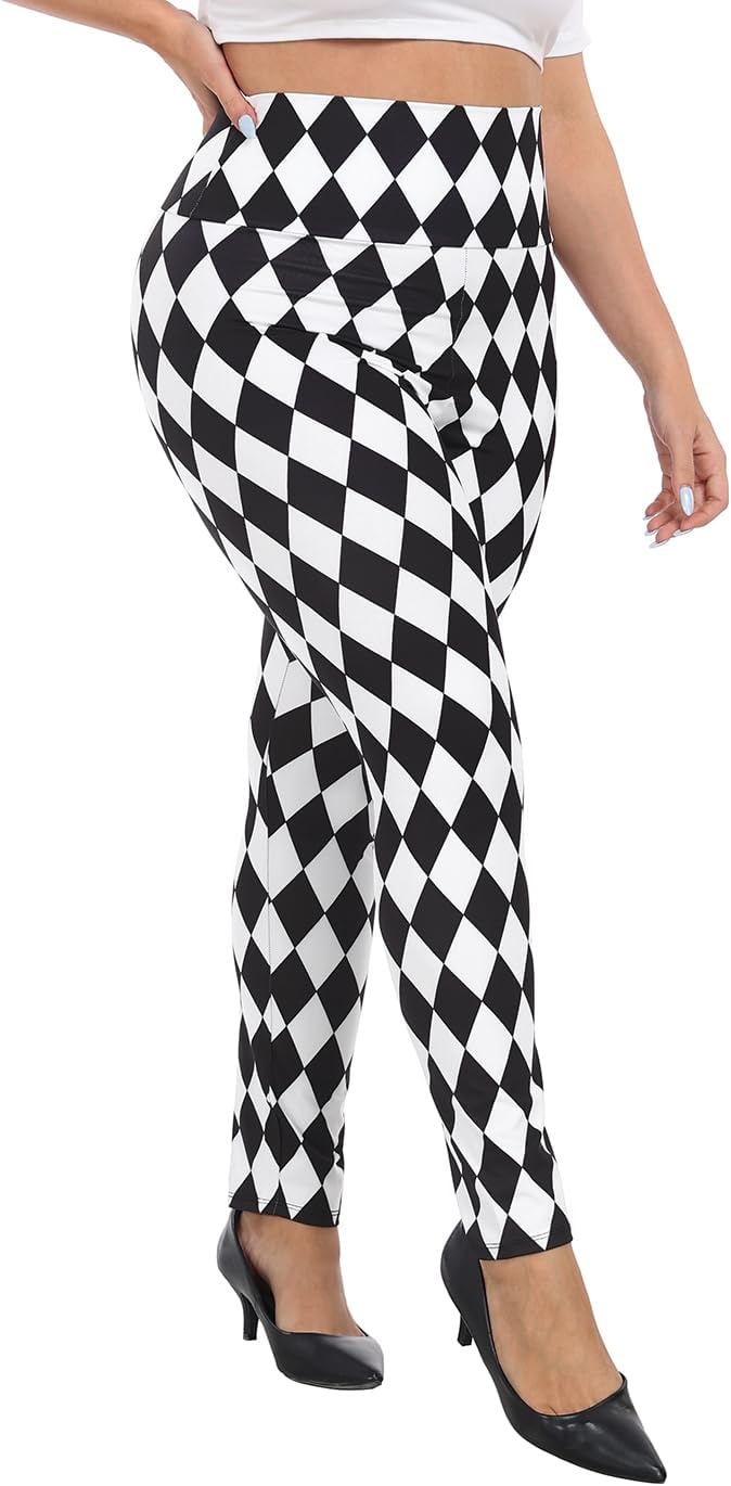 image:imageHDE Womens Plus Size Graphic Leggings High Waist Stretch Halloween Costume Full Ankle Length Soft Footless Opaque TightsBlack and White Diamonds