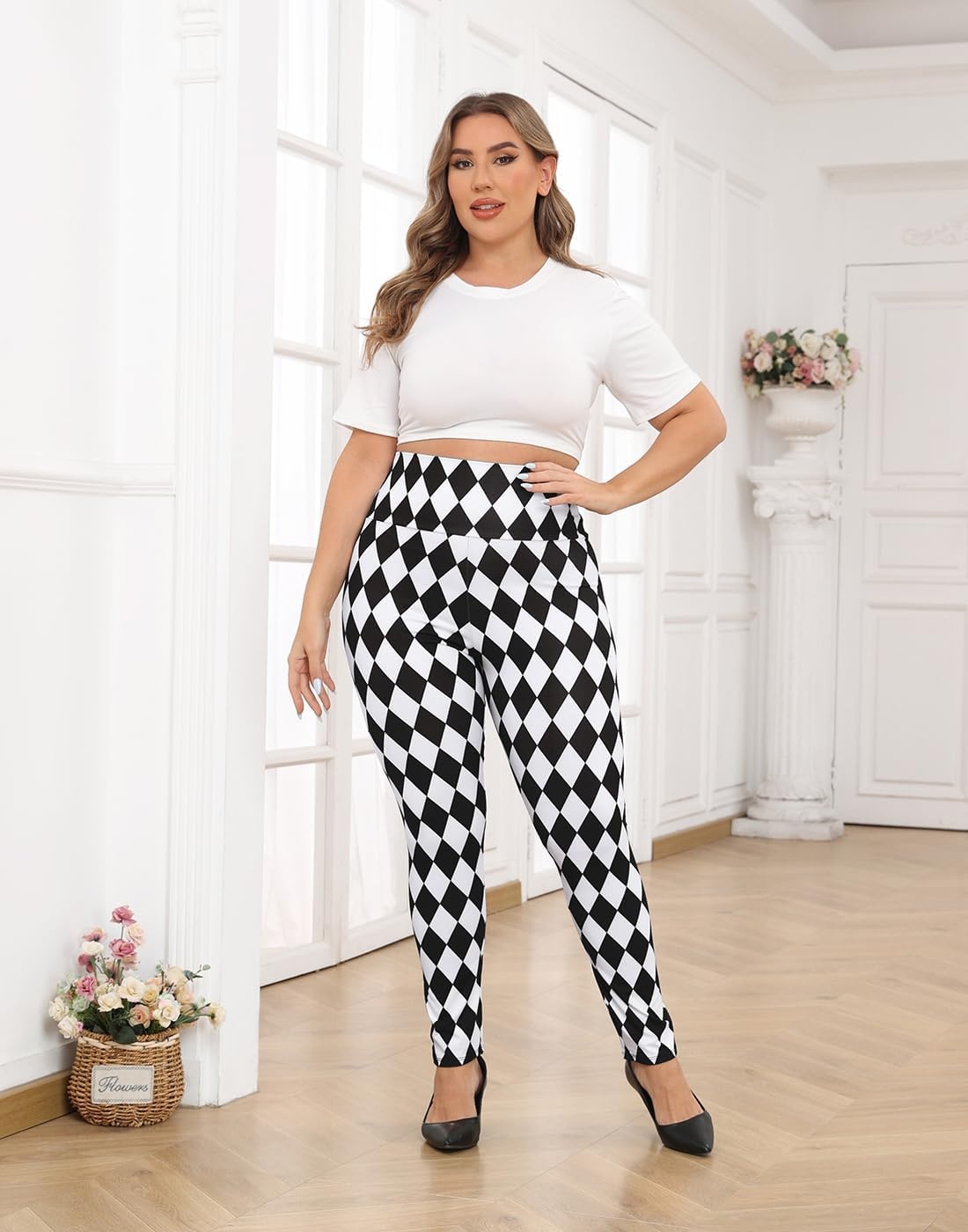 image:imageHDE Womens Plus Size Graphic Leggings High Waist Stretch Halloween Costume Full Ankle Length Soft Footless Opaque TightsBlack and White Diamonds