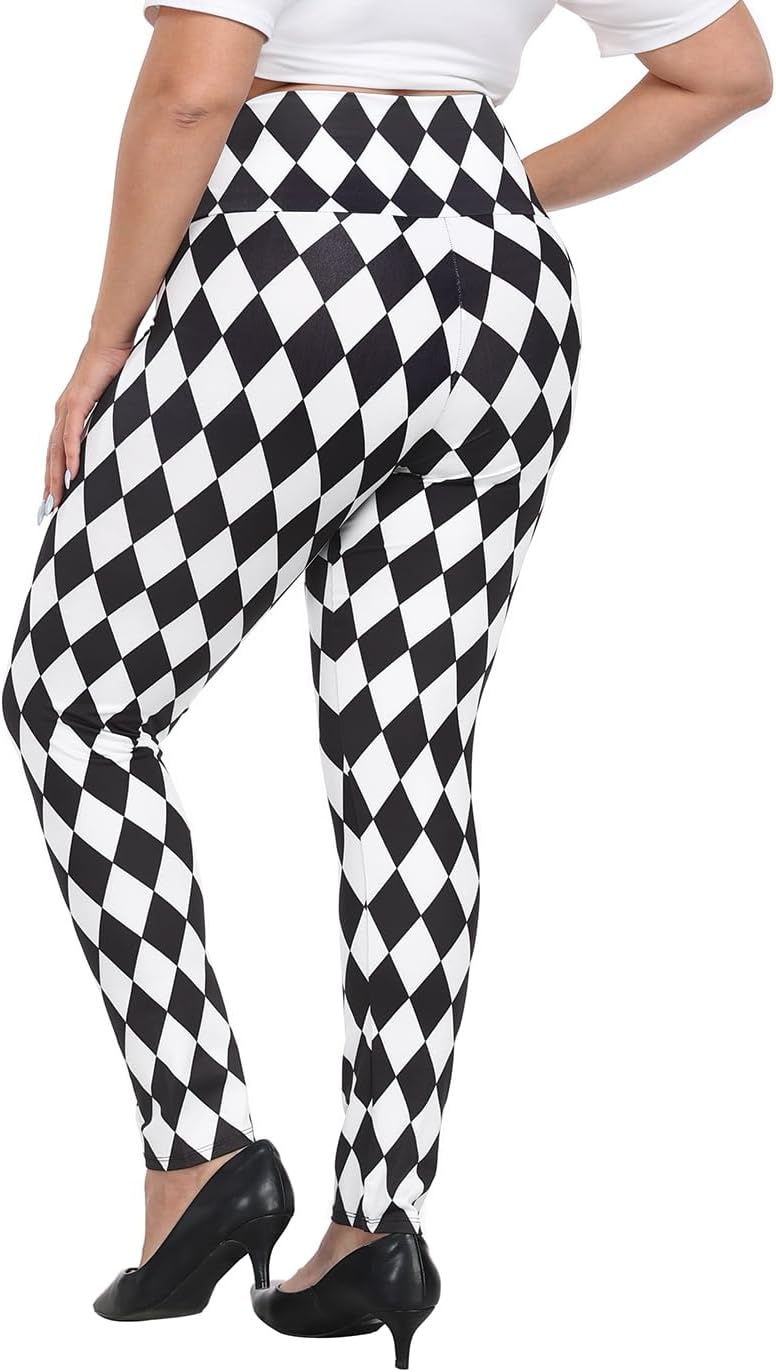 image:imageHDE Womens Plus Size Graphic Leggings High Waist Stretch Halloween Costume Full Ankle Length Soft Footless Opaque TightsBlack and White Diamonds