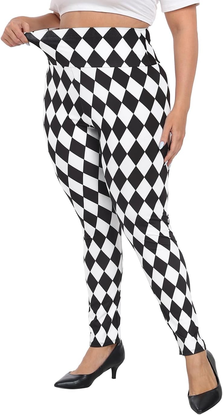 image:imageHDE Womens Plus Size Graphic Leggings High Waist Stretch Halloween Costume Full Ankle Length Soft Footless Opaque TightsBlack and White Diamonds
