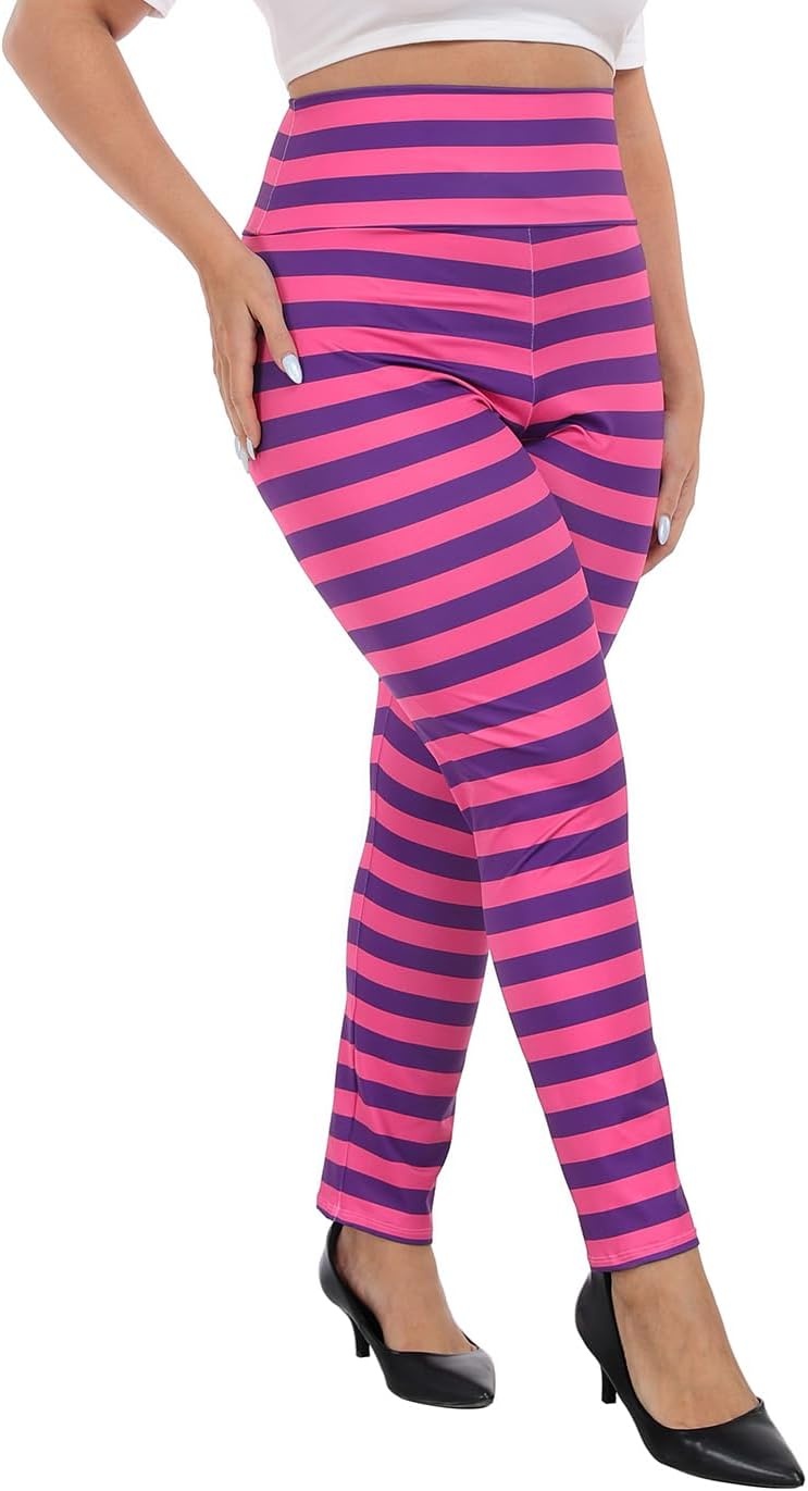 image:imageHDE Womens Plus Size Graphic Leggings High Waist Stretch Halloween Costume Full Ankle Length Soft Footless Opaque TightsCheshire Stripes