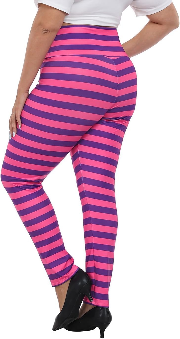 image:imageHDE Womens Plus Size Graphic Leggings High Waist Stretch Halloween Costume Full Ankle Length Soft Footless Opaque TightsCheshire Stripes