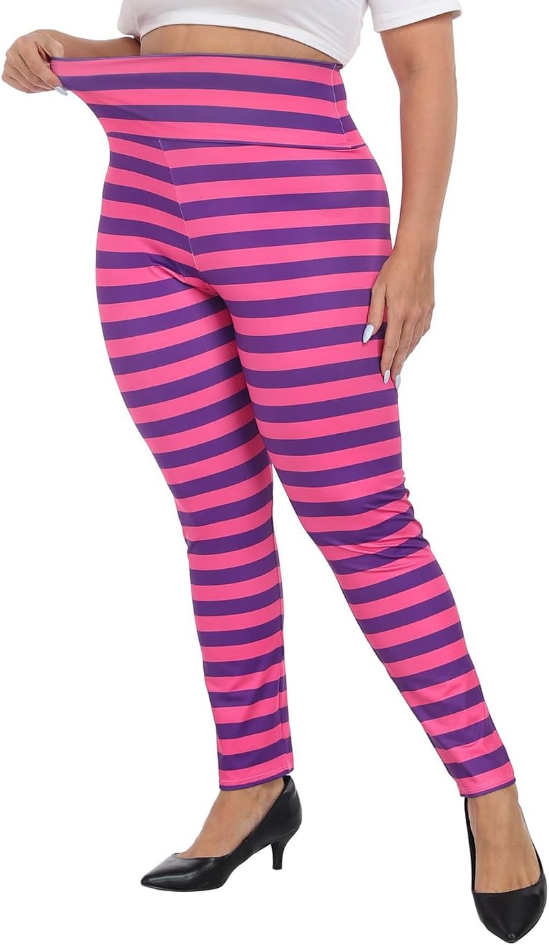 image:imageHDE Womens Plus Size Graphic Leggings High Waist Stretch Halloween Costume Full Ankle Length Soft Footless Opaque TightsCheshire Stripes