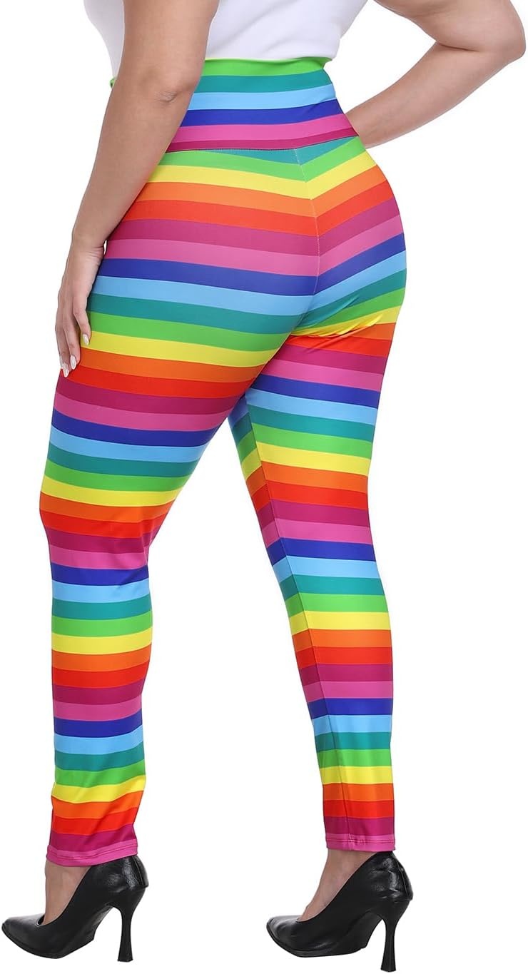 image:imageHDE Womens Plus Size Graphic Leggings High Waist Stretch Halloween Costume Full Ankle Length Soft Footless Opaque TightsRainbow Stripes