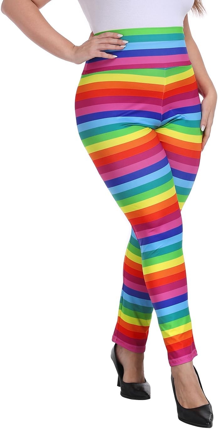 image:imageHDE Womens Plus Size Graphic Leggings High Waist Stretch Halloween Costume Full Ankle Length Soft Footless Opaque TightsRainbow Stripes