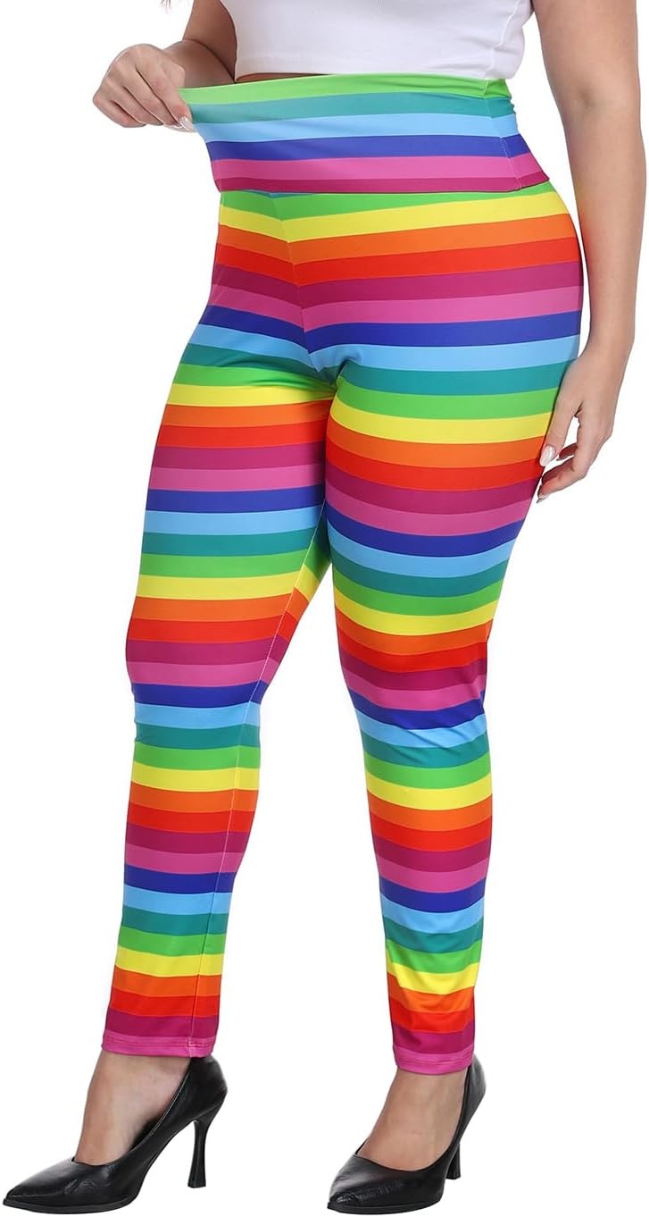 image:imageHDE Womens Plus Size Graphic Leggings High Waist Stretch Halloween Costume Full Ankle Length Soft Footless Opaque TightsRainbow Stripes