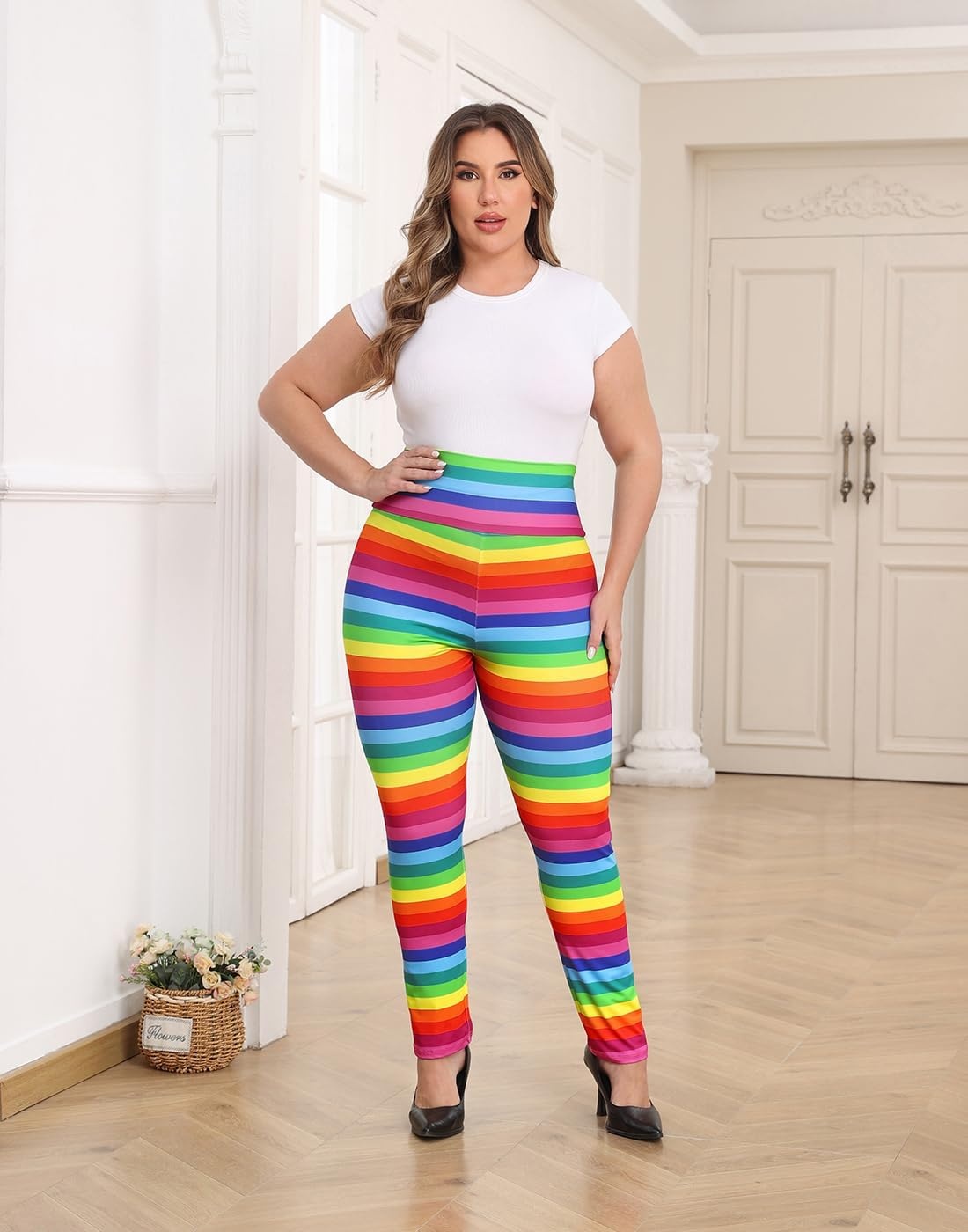 image:imageHDE Womens Plus Size Graphic Leggings High Waist Stretch Halloween Costume Full Ankle Length Soft Footless Opaque TightsRainbow Stripes