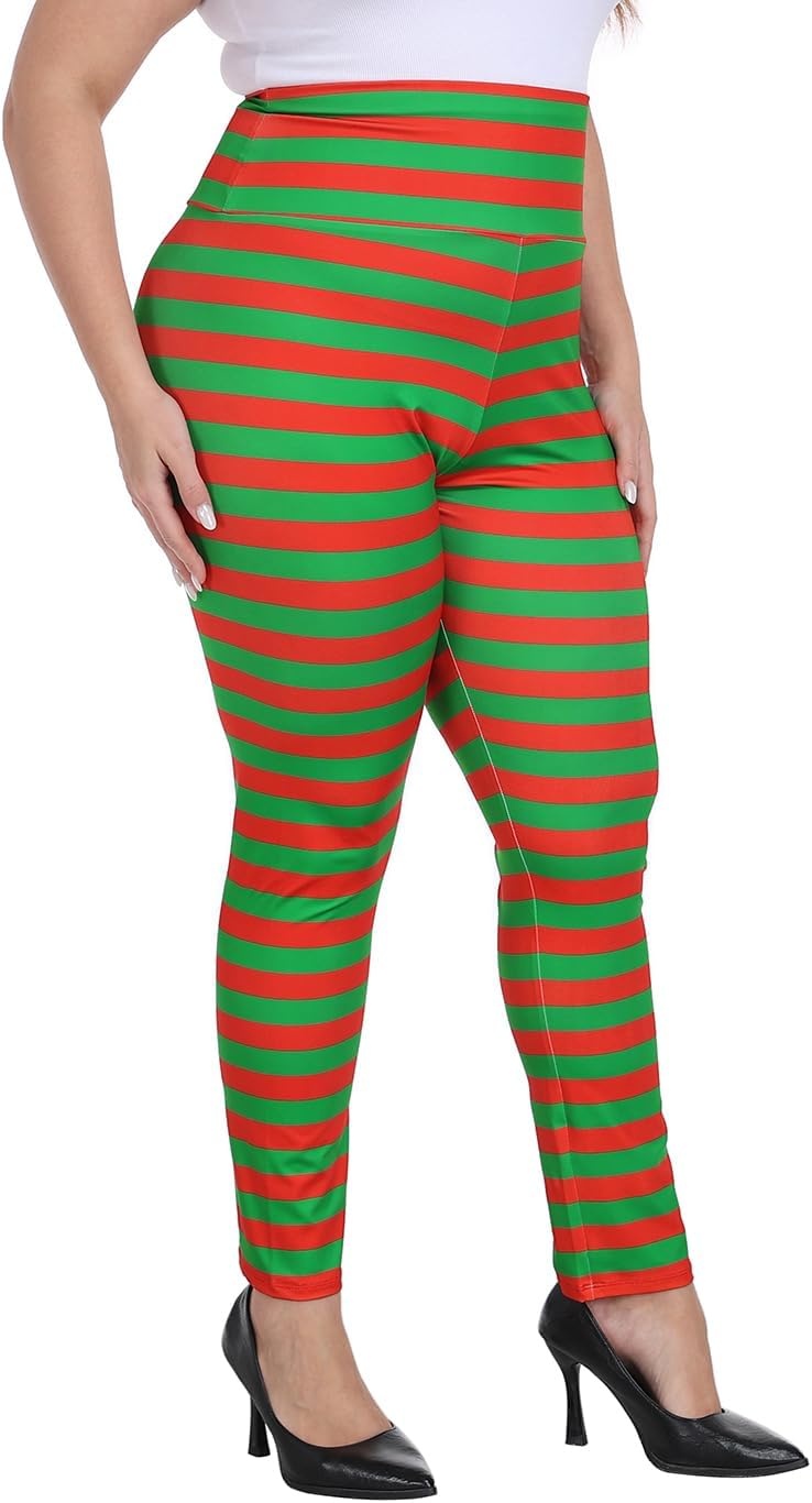 image:imageHDE Womens Plus Size Graphic Leggings High Waist Stretch Halloween Costume Full Ankle Length Soft Footless Opaque TightsRed and Green Holiday Stripes