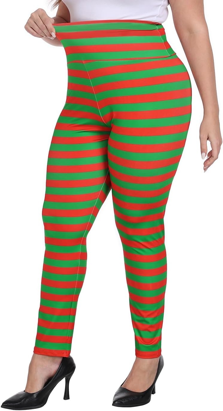 image:imageHDE Womens Plus Size Graphic Leggings High Waist Stretch Halloween Costume Full Ankle Length Soft Footless Opaque TightsRed and Green Holiday Stripes
