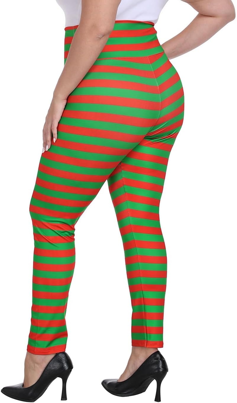 image:imageHDE Womens Plus Size Graphic Leggings High Waist Stretch Halloween Costume Full Ankle Length Soft Footless Opaque TightsRed and Green Holiday Stripes
