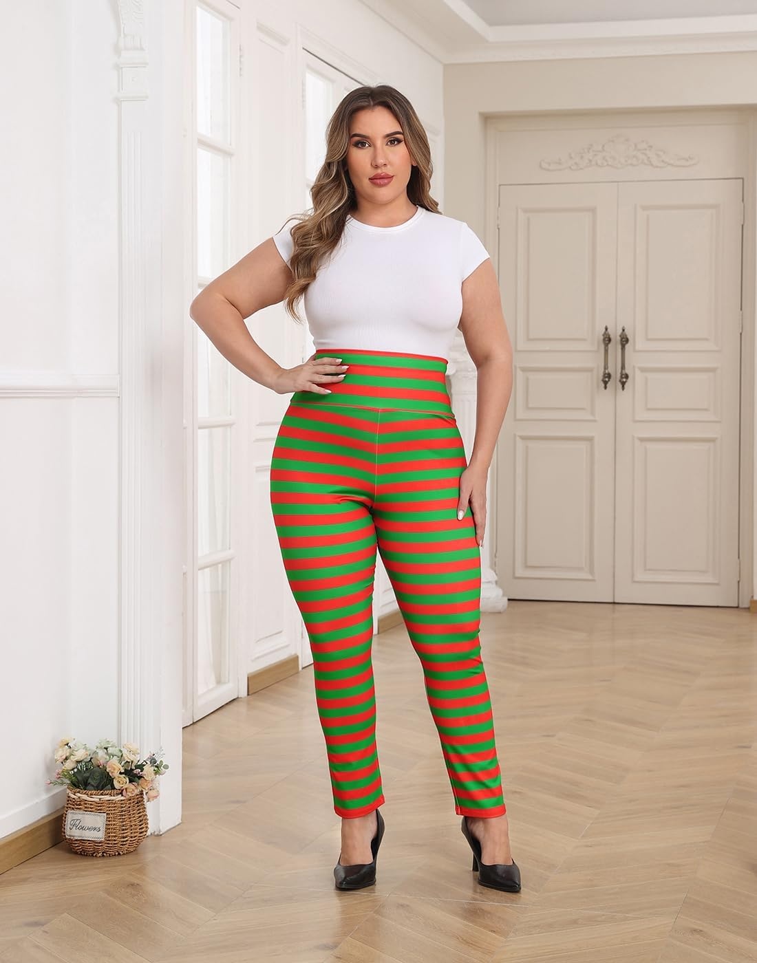 image:imageHDE Womens Plus Size Graphic Leggings High Waist Stretch Halloween Costume Full Ankle Length Soft Footless Opaque TightsRed and Green Holiday Stripes