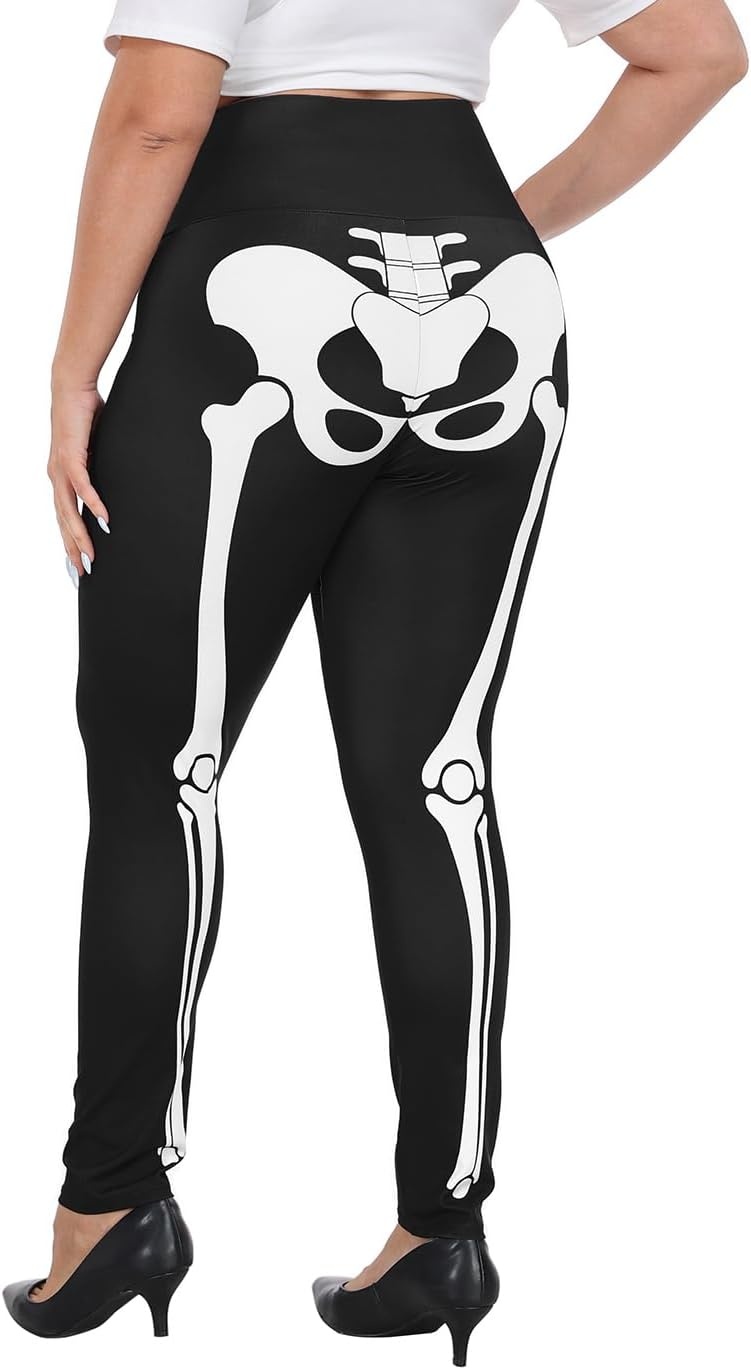 image:imageHDE Womens Plus Size Graphic Leggings High Waist Stretch Halloween Costume Full Ankle Length Soft Footless Opaque TightsSkeleton Bones