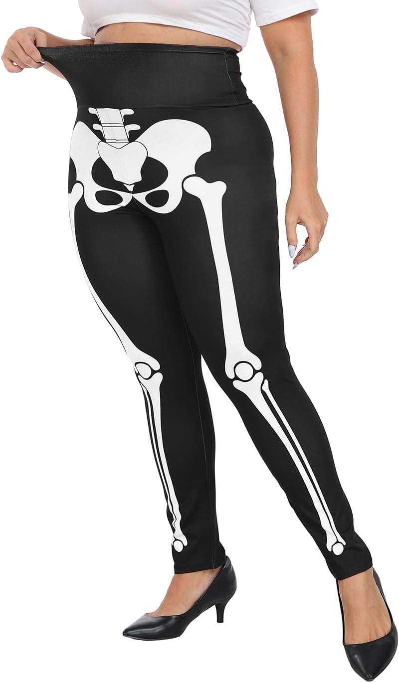 image:imageHDE Womens Plus Size Graphic Leggings High Waist Stretch Halloween Costume Full Ankle Length Soft Footless Opaque TightsSkeleton Bones