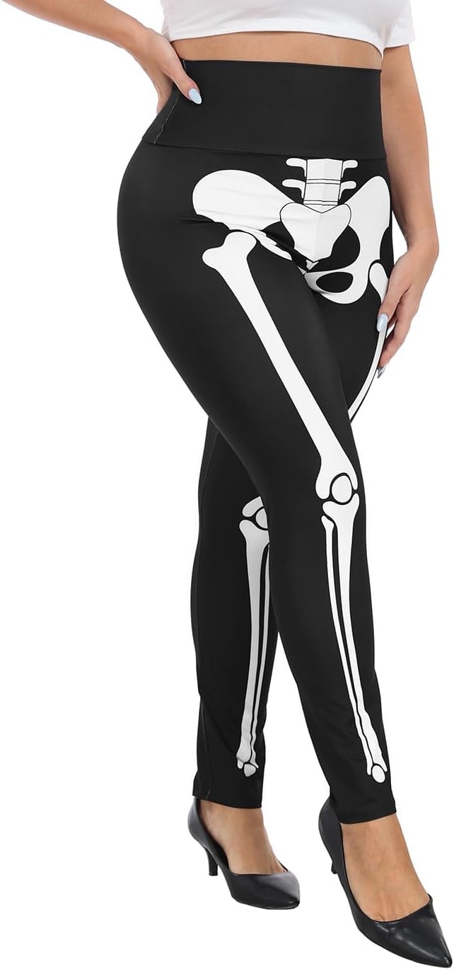 image:imageHDE Womens Plus Size Graphic Leggings High Waist Stretch Halloween Costume Full Ankle Length Soft Footless Opaque TightsSkeleton Bones