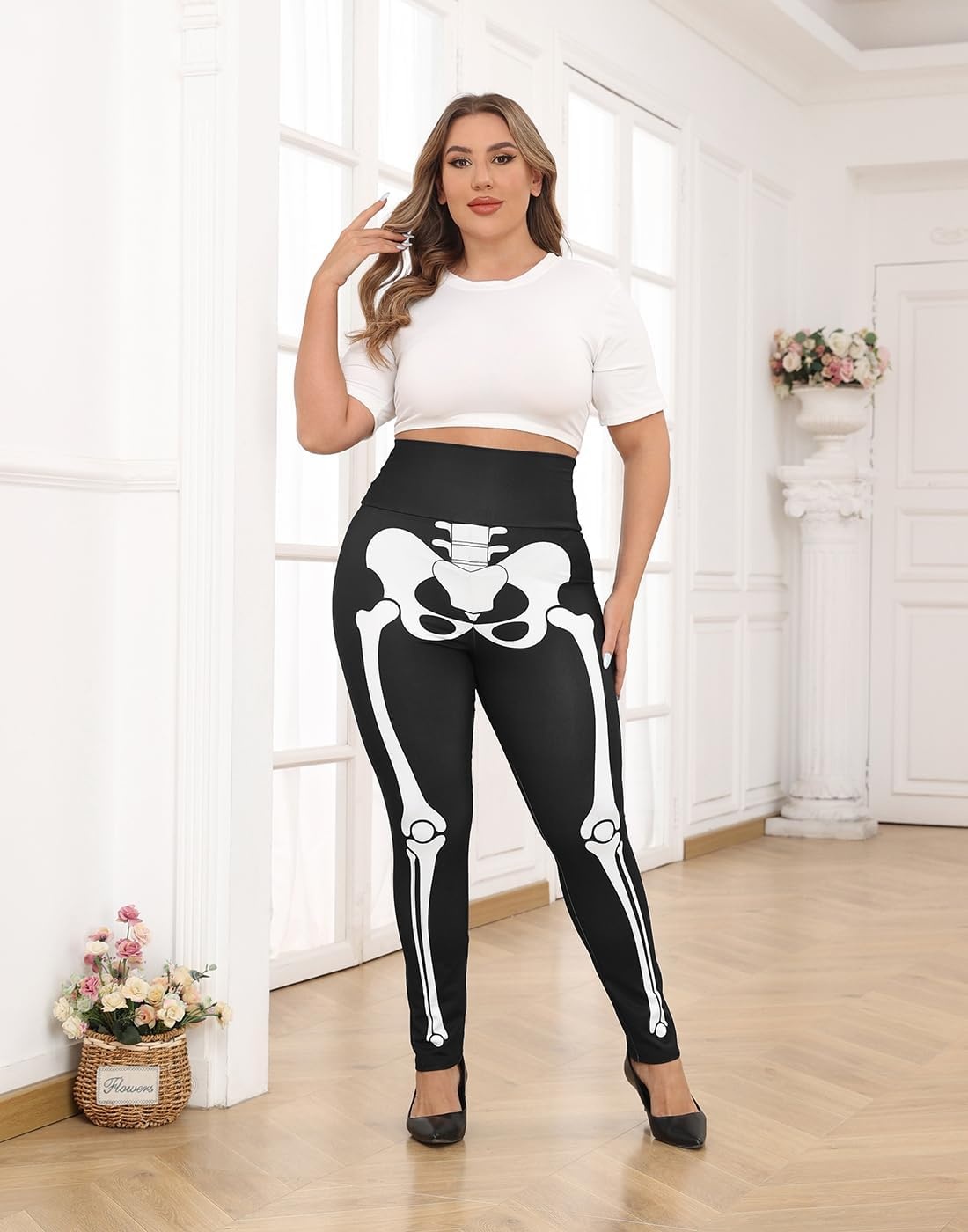 image:imageHDE Womens Plus Size Graphic Leggings High Waist Stretch Halloween Costume Full Ankle Length Soft Footless Opaque TightsSkeleton Bones