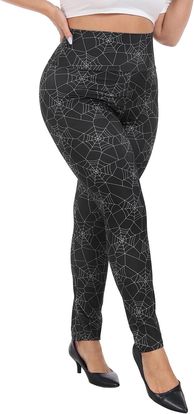 image:imageHDE Womens Plus Size Graphic Leggings High Waist Stretch Halloween Costume Full Ankle Length Soft Footless Opaque TightsSpiderweb