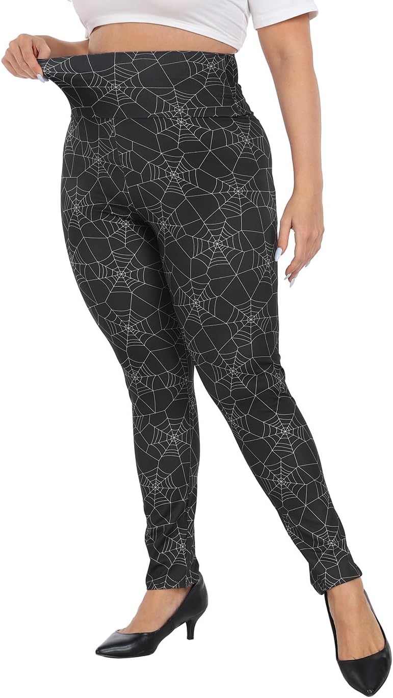 image:imageHDE Womens Plus Size Graphic Leggings High Waist Stretch Halloween Costume Full Ankle Length Soft Footless Opaque TightsSpiderweb