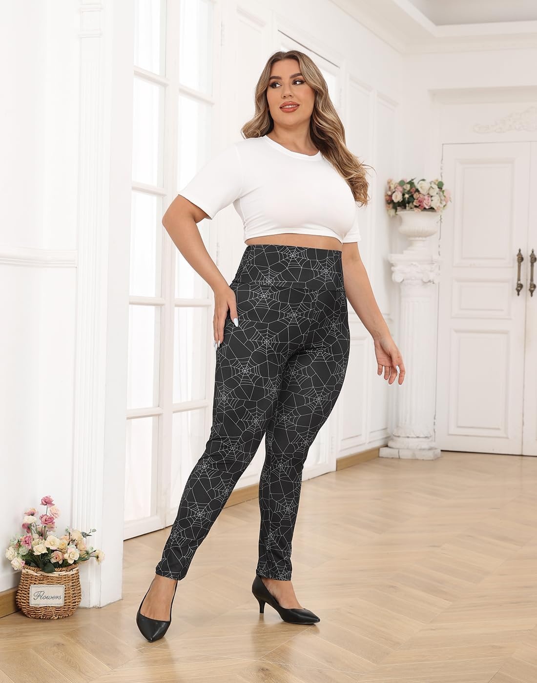 image:imageHDE Womens Plus Size Graphic Leggings High Waist Stretch Halloween Costume Full Ankle Length Soft Footless Opaque TightsSpiderweb