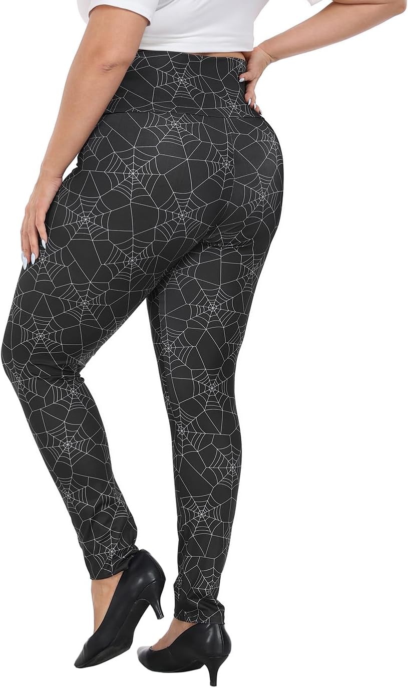 image:imageHDE Womens Plus Size Graphic Leggings High Waist Stretch Halloween Costume Full Ankle Length Soft Footless Opaque TightsSpiderweb