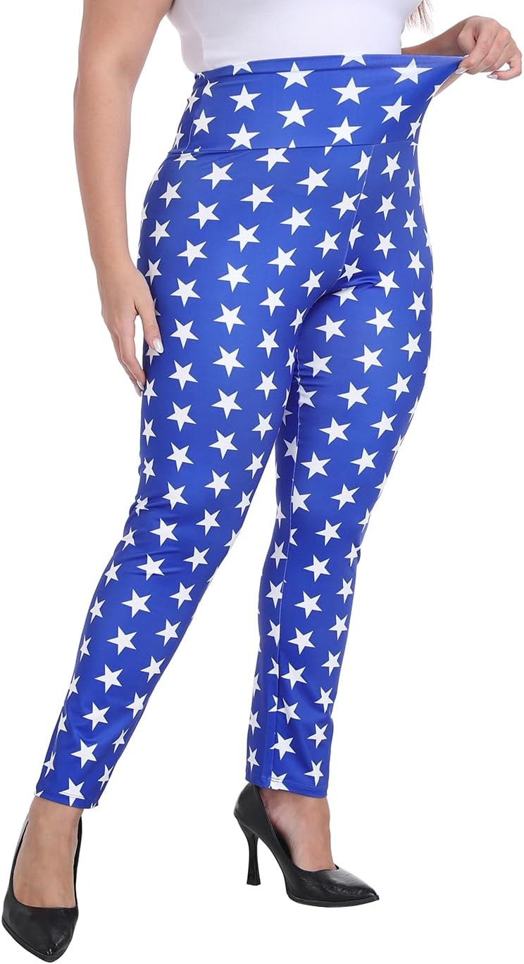 image:imageHDE Womens Plus Size Graphic Leggings High Waist Stretch Halloween Costume Full Ankle Length Soft Footless Opaque TightsSuperhero Patriotic Stars