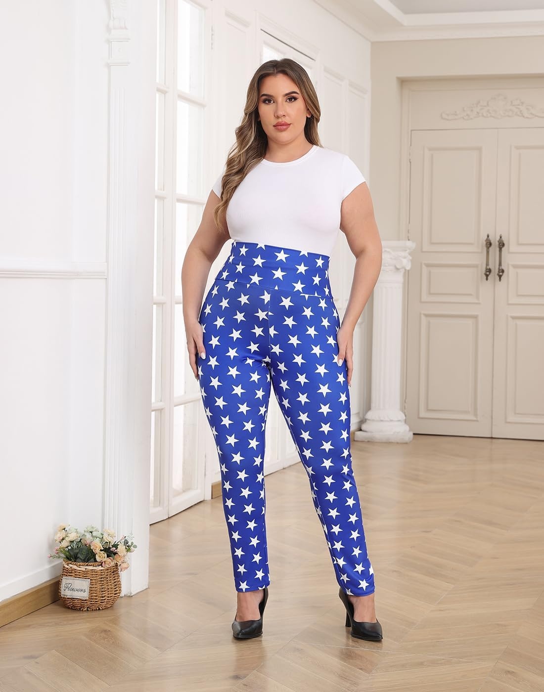 image:imageHDE Womens Plus Size Graphic Leggings High Waist Stretch Halloween Costume Full Ankle Length Soft Footless Opaque TightsSuperhero Patriotic Stars