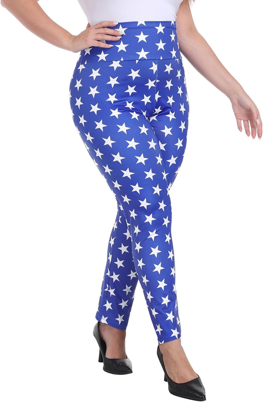 image:imageHDE Womens Plus Size Graphic Leggings High Waist Stretch Halloween Costume Full Ankle Length Soft Footless Opaque TightsSuperhero Patriotic Stars