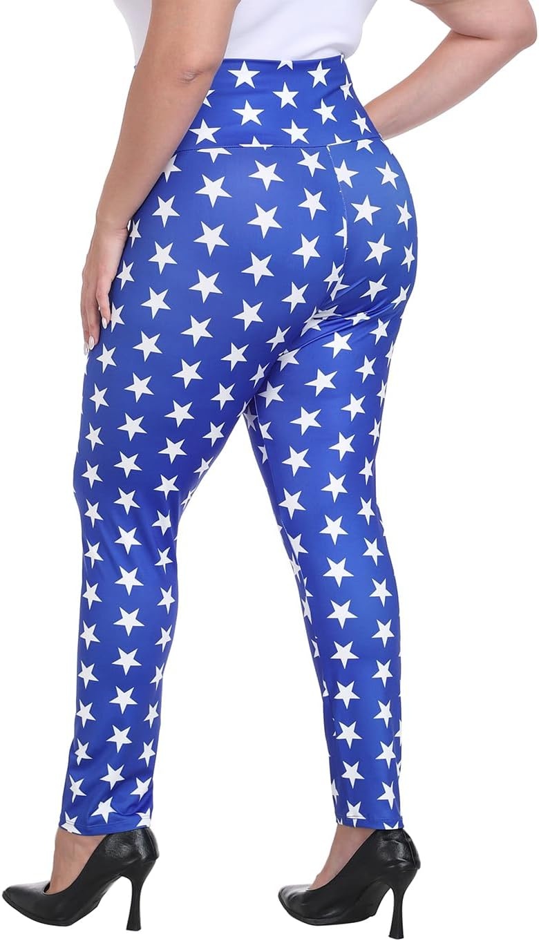 image:imageHDE Womens Plus Size Graphic Leggings High Waist Stretch Halloween Costume Full Ankle Length Soft Footless Opaque TightsSuperhero Patriotic Stars