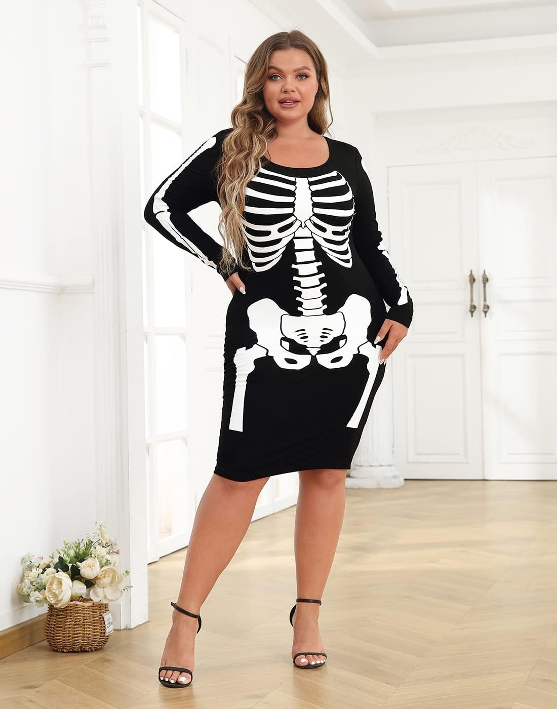 image:imageHDE Womens Plus Size Skeleton Dress Fun Spooky Halloween Costume Stretchy Long Sleeve Midi Bodycon Dress Fitted Party OutfitBlack
