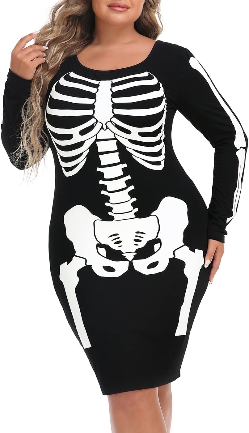 image:imageHDE Womens Plus Size Skeleton Dress Fun Spooky Halloween Costume Stretchy Long Sleeve Midi Bodycon Dress Fitted Party OutfitBlack