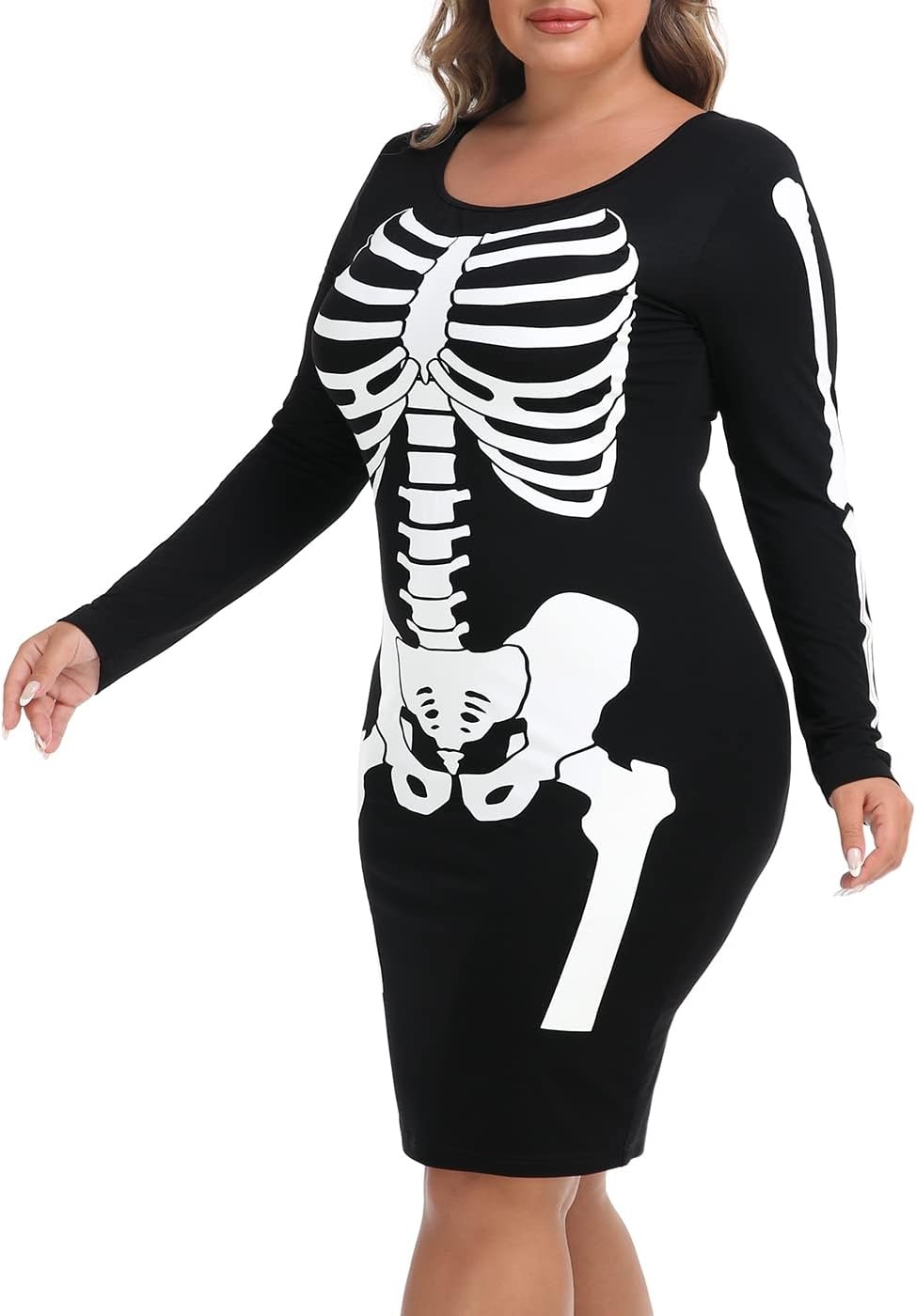 image:imageHDE Womens Plus Size Skeleton Dress Fun Spooky Halloween Costume Stretchy Long Sleeve Midi Bodycon Dress Fitted Party OutfitBlack