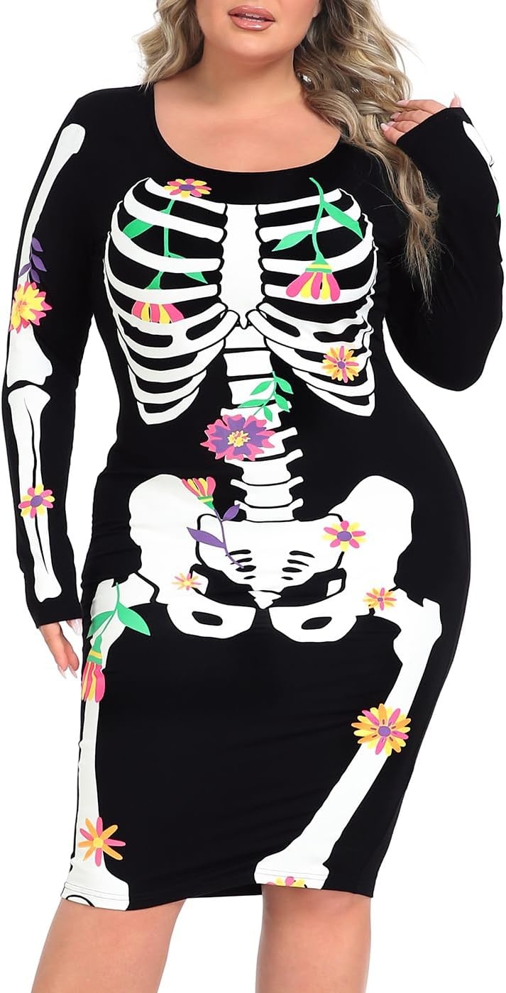 image:imageHDE Womens Plus Size Skeleton Dress Fun Spooky Halloween Costume Stretchy Long Sleeve Midi Bodycon Dress Fitted Party OutfitDay of the Dead Floral