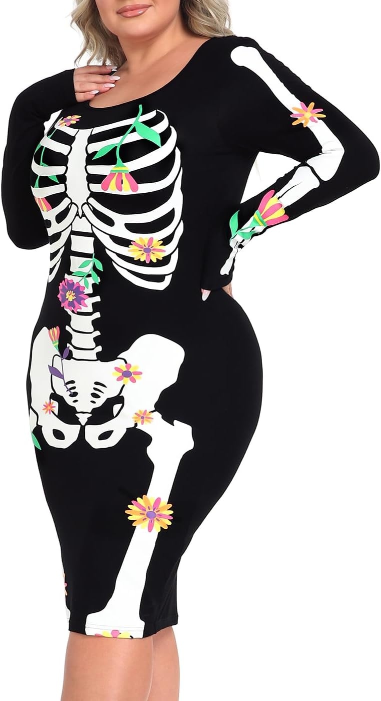 image:imageHDE Womens Plus Size Skeleton Dress Fun Spooky Halloween Costume Stretchy Long Sleeve Midi Bodycon Dress Fitted Party OutfitDay of the Dead Floral