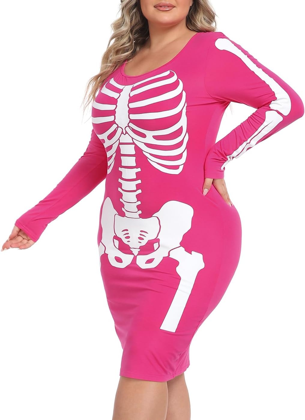 image:imageHDE Womens Plus Size Skeleton Dress Fun Spooky Halloween Costume Stretchy Long Sleeve Midi Bodycon Dress Fitted Party OutfitHot Pink