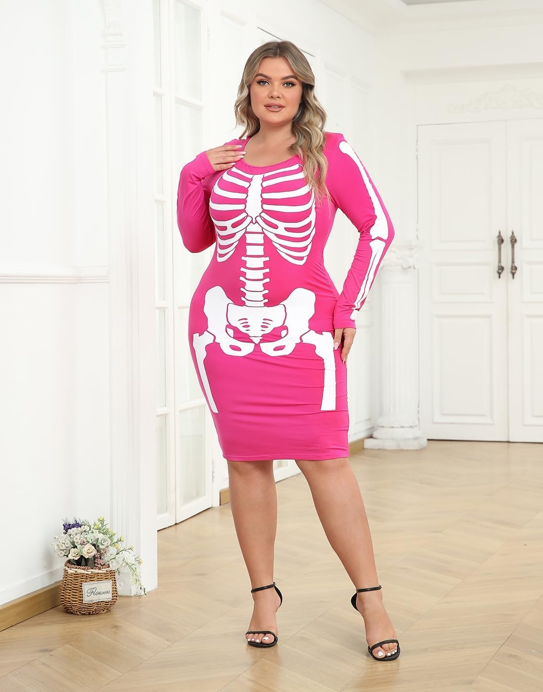 image:imageHDE Womens Plus Size Skeleton Dress Fun Spooky Halloween Costume Stretchy Long Sleeve Midi Bodycon Dress Fitted Party OutfitHot Pink