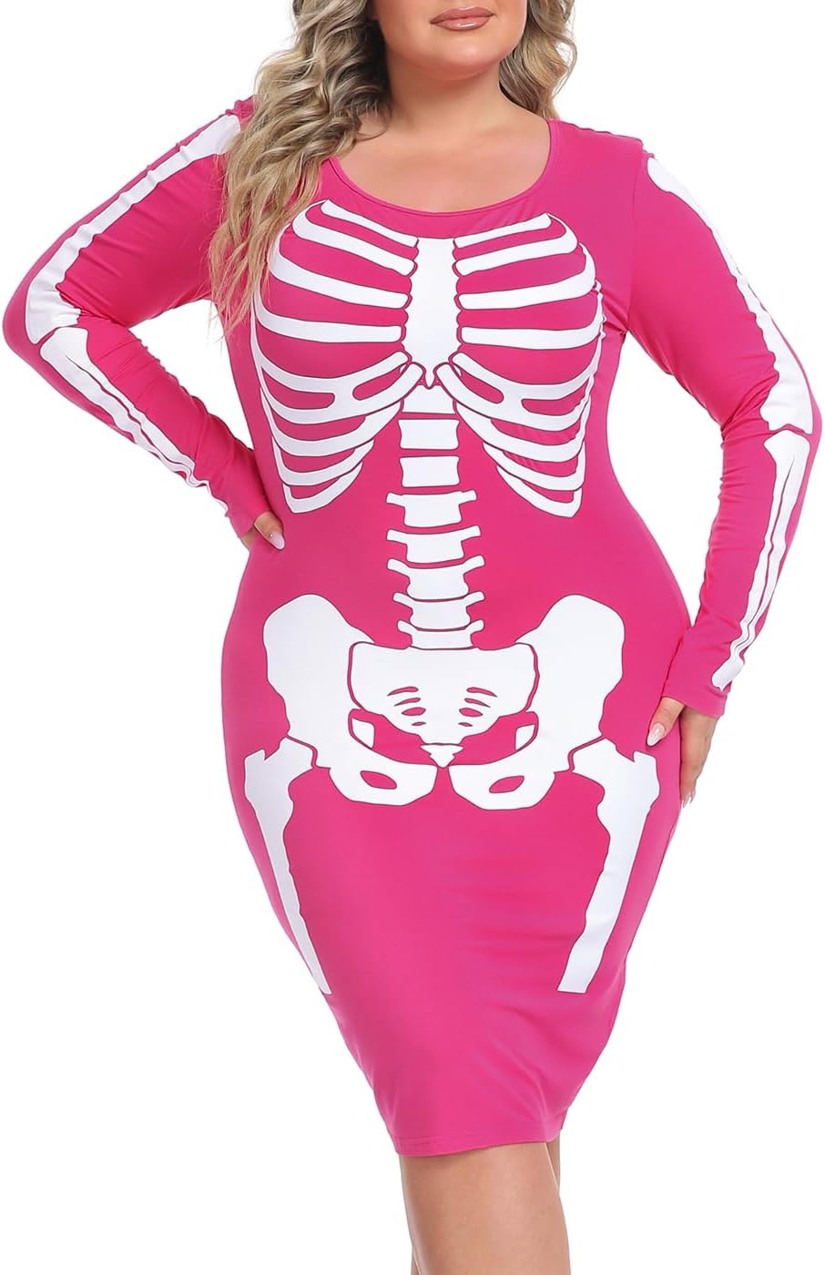 image:imageHDE Womens Plus Size Skeleton Dress Fun Spooky Halloween Costume Stretchy Long Sleeve Midi Bodycon Dress Fitted Party OutfitHot Pink